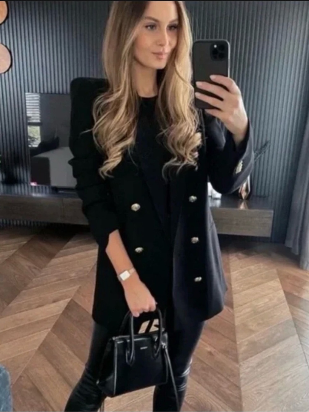 Zara Black Double-Breasted Blazer with Gold Buttons